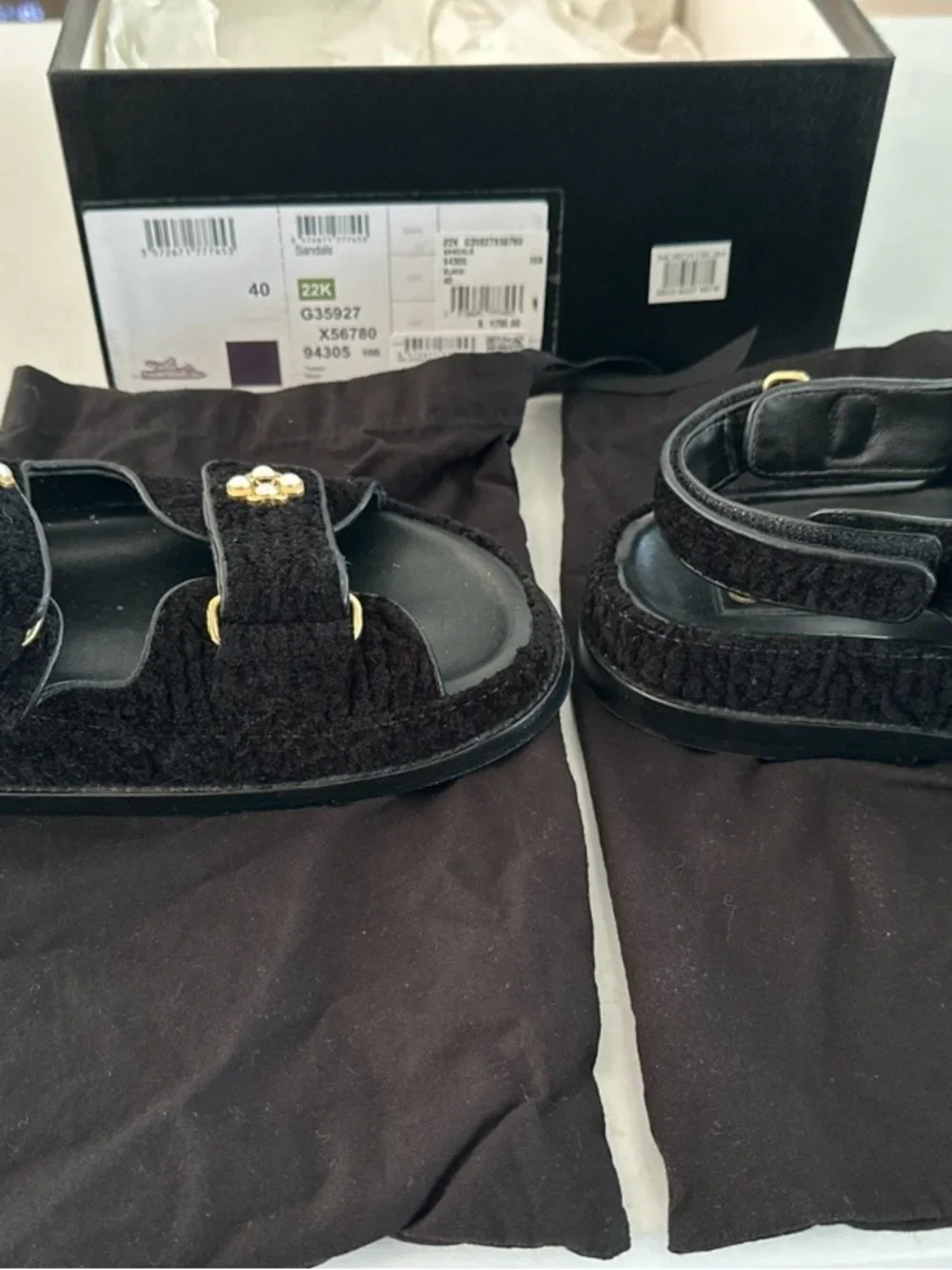 CHANEL Black Tweed Slide Sandals with Gold Camellia Accents